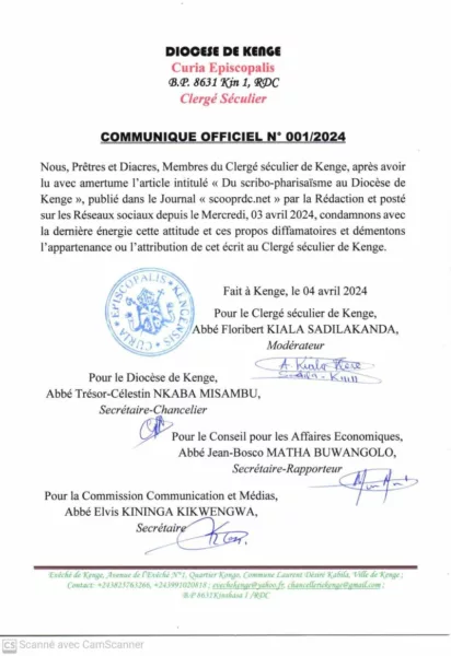 diocese de kenge communique officiel n° 001 2024