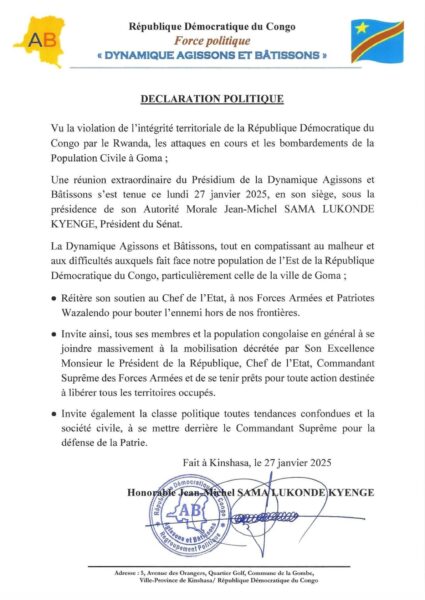 declaration politique de la dynamique agissons et batissons sur la prise de goma